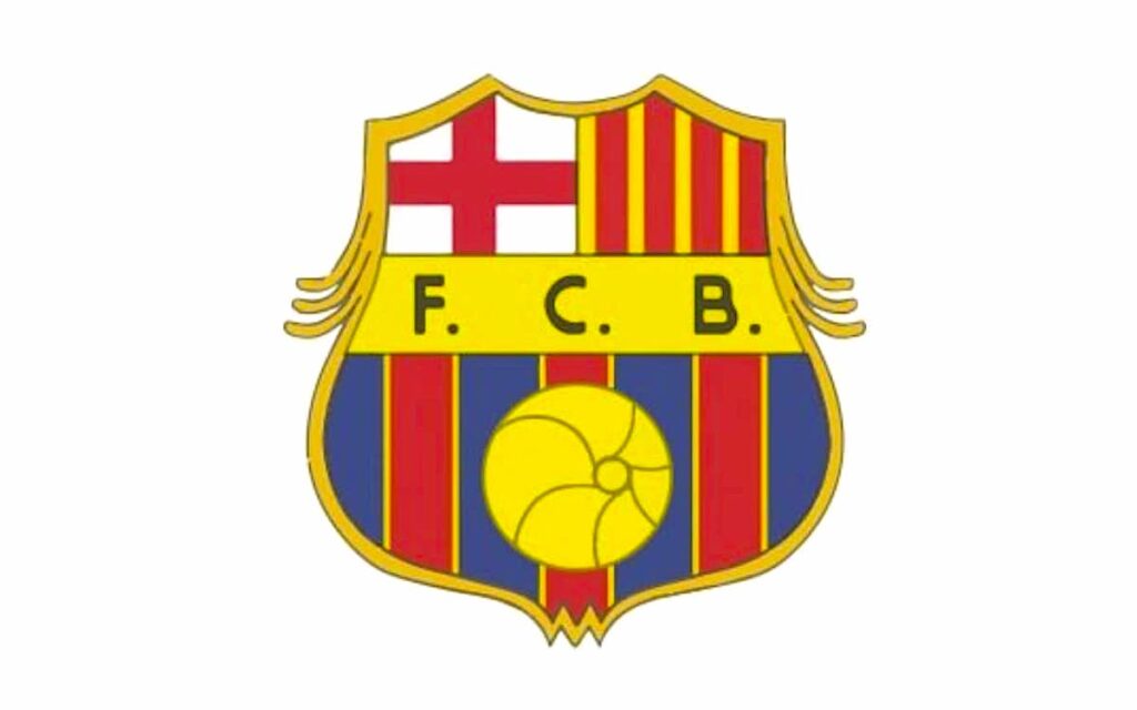 ثالث شعار في تاريخ برشلونة FCB بخلفية باللون الأصفر الفاتح
